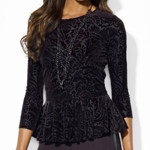 Ralph Lauren Black Sheer Velvet Embroidered Peplum 3/4 Sleeve Top Size Large